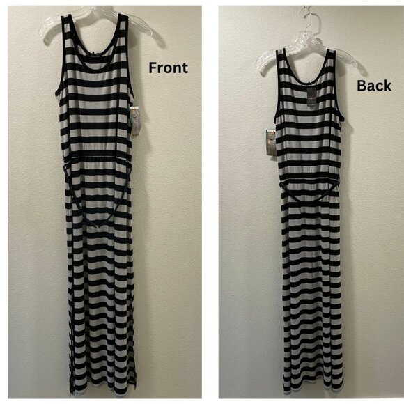 FEVER Maxi Sleeveless Jersey Stripe Belt Side Splits Tank Dress, Black/Gray - L - Picture 1 of 8